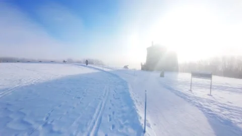 Cinematic FPV Flight Over Snowy Park Path — Winter Landscape 스톡 동영상 323248056
