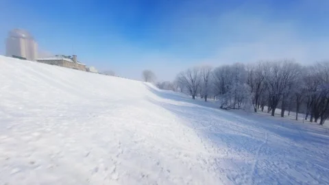 Cinematic FPV Flight Over Snowy Park Path — Winter Landscape Stock Footage 323248092