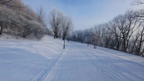Cinematic FPV Flight Over Snowy Park Path — Winter Landscape Stock Footage 323248681