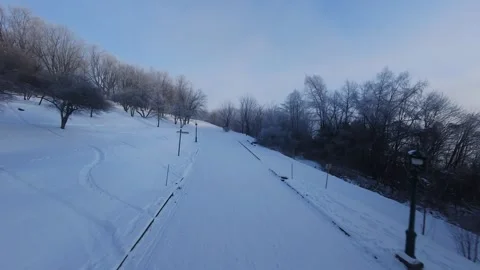 Cinematic FPV Flight Over Snowy Park Path — Winter Landscape Stock Footage 323248730