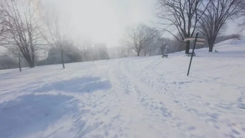 Cinematic FPV Flight Over Snowy Park Path — Winter Landscape Stock Footage 323248986