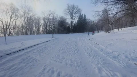 Cinematic FPV Flight Over Snowy Park Path — Winter Landscape Stock Footage 323249005