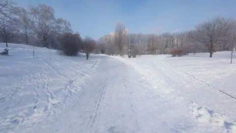 Cinematic FPV Flight Over Snowy Park Path — Winter Landscape Stock Footage 323249170