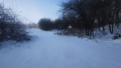 Cinematic FPV Flight Over Snowy Park Path — Winter Landscape Stock Footage 323249404