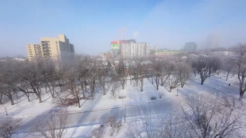 Cinematic FPV Flight Over Snowy Park Path — Winter Landscape Stock Footage 323249476