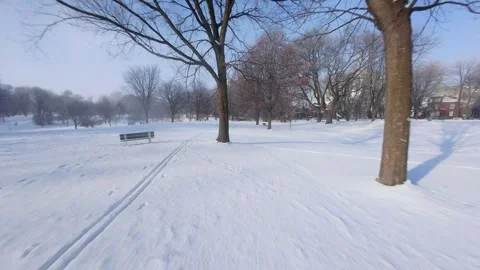 Cinematic FPV Flight Over Snowy Park Path — Winter Landscape Stock Footage 323249524