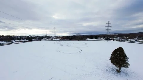 Cinematic fpv winter field flyover with lone tree and power lines Stock Footage 321380860