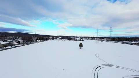 Cinematic fpv winter field flyover with lone tree and power lines Stock Footage 321381008