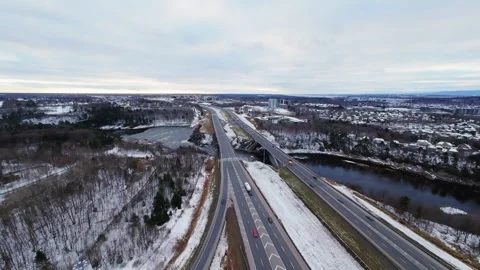Cinematic fpv winter highway interchange — aerial city traffic view 스톡 동영상 321434113