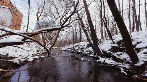 Cinematic fpv winter river low flythrough in snowy forest Stock Footage 321379979