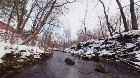 Cinematic fpv winter river low flythrough in snowy forest Stock Footage 321379991