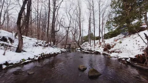 Cinematic fpv winter river low flythrough in snowy forest Stock Footage 321380077