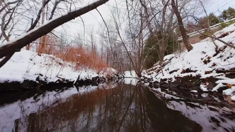 Cinematic fpv winter river low flythrough in snowy forest Stock Footage 321380145