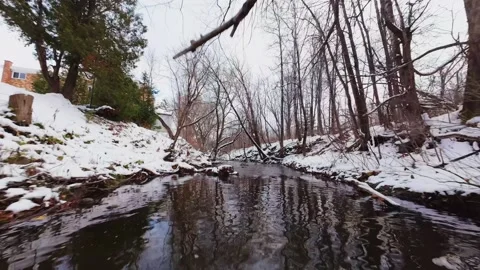 Cinematic fpv winter river low flythrough in snowy forest Stock Footage 321380179