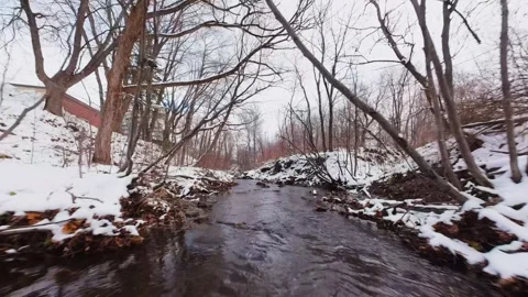 Cinematic fpv winter river low flythrough in snowy forest Stock Footage 321380207