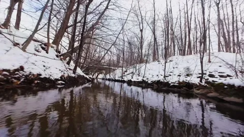 Cinematic fpv winter river low flythrough in snowy forest Stock Footage 321380316