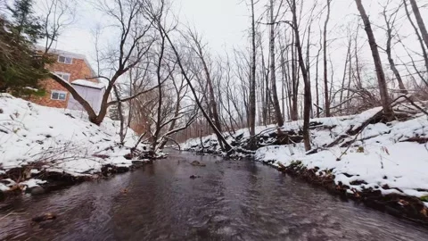 Cinematic fpv winter river low flythrough in snowy forest Stock Footage 321380331