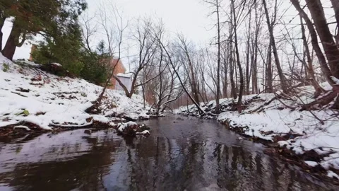Cinematic fpv winter river low flythrough in snowy forest Stock Footage 321380491