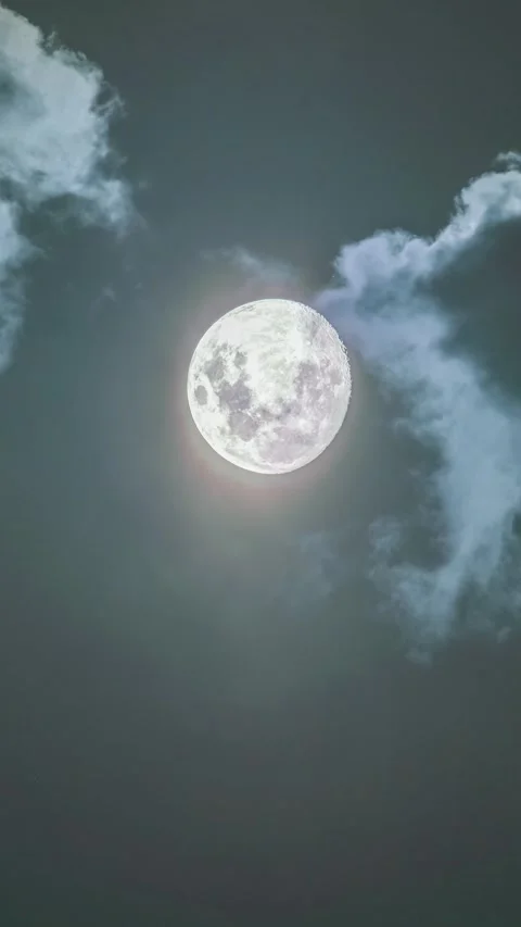 Cinematic Full Moon Glowing in the Dark Night Sky with Drifting White Clouds Stock Footage 334217486