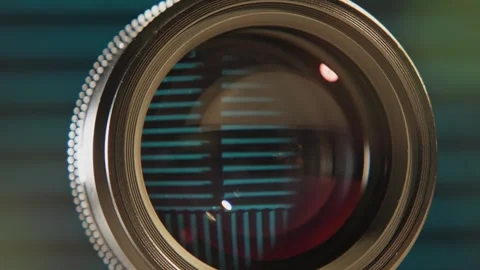 Cinematic glass and mechanical camera lens in slo motion lenses flare Stock Footage 340428675