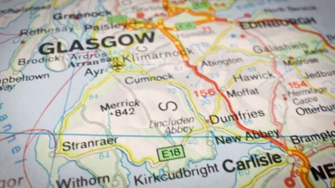 Cinematic glide over road map showing highway network toward glasgow, uk Stock Footage 332797791