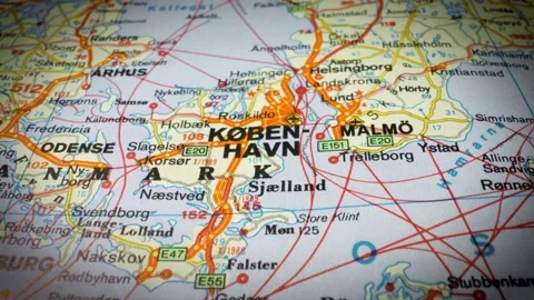 Cinematic glide over road map showing route to Copenhagen, Denmark Video stock 332797865