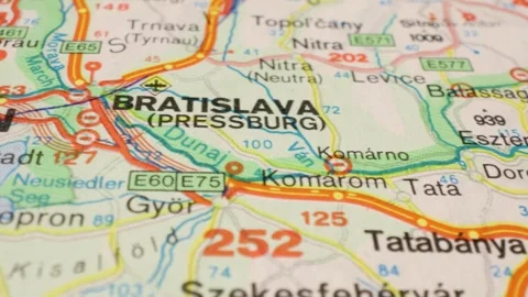 Cinematic glide over road map focusing on travel route from Budapest to Vienna 스톡 동영상 332798293