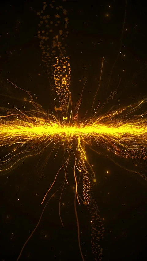Cinematic gold particle explosion visual radiant flare, flowing line waves, scat Stock Footage 340470076