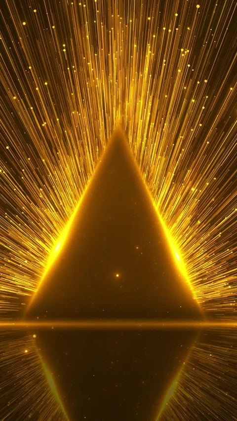 Cinematic gold visual particle beams, glowing triangle silhouette, reflective ho Stock Footage 340470049