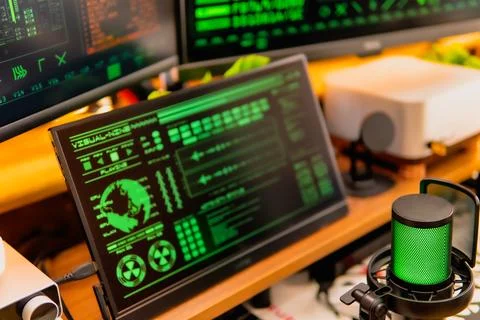 Cinematic hacker workspace with green code screens and microphone setup 写真素材