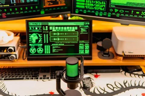 Cinematic hacker workspace with green code screens and microphone setup Stock Photos