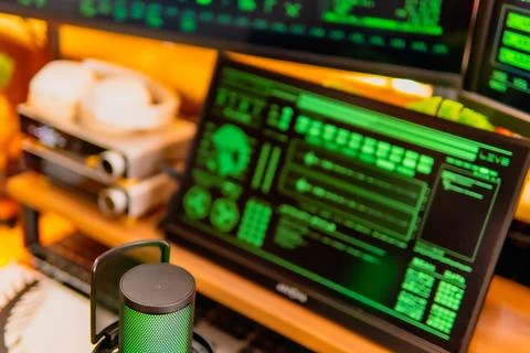 Cinematic hacker workspace with green code screens and microphone setup Stock Photos