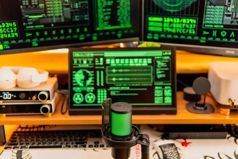 Cinematic hacker workspace with green code screens and microphone setup Foto stock