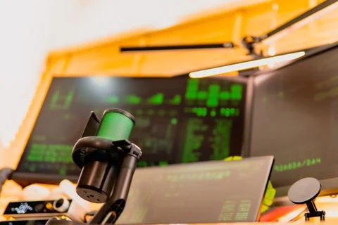Cinematic hacker workspace with green code screens and microphone setup Stock Photos