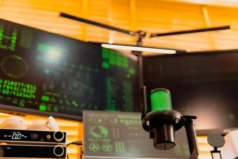 Cinematic hacker workspace with green code screens and microphone setup Stock Photos