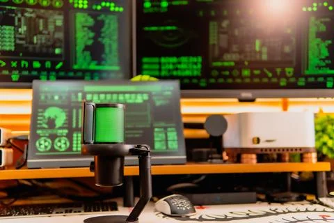 Cinematic hacker workspace with green code screens and microphone setup Stock Photos