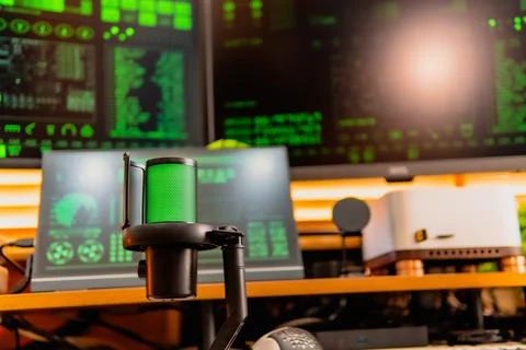 Cinematic hacker workspace with green code screens and microphone setup Foto stock