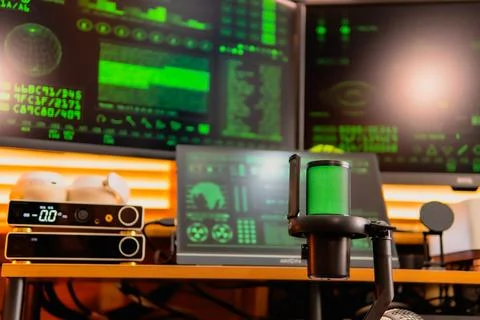 Cinematic hacker workspace with green code screens and microphone setup Stock Photos