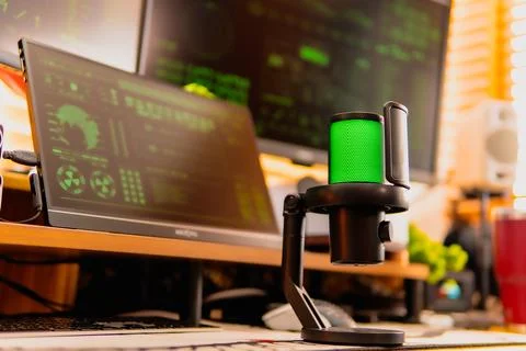 Cinematic hacker workspace with green code screens and microphone setup Stock Photos