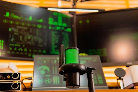 Cinematic hacker workspace with green code screens and microphone setup Stock Photos