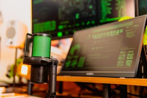 Cinematic hacker workspace with green code screens and microphone setup Stock Photos