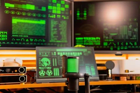 Cinematic hacker workspace with green code screens and microphone setup Stock Photos