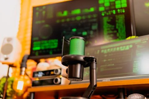 Cinematic hacker workspace with green code screens and microphone setup Foto stock