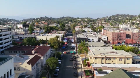 Cinematic high angle establishing shot over Echo Park Avenue, bustling cityscape Stock Footage 336634485