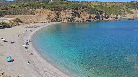 Cinematic High-Angle Side-Panning Shot of Xanemos Beach, Skiathos Stock Footage 340403316