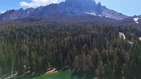 Cinematic Lateral Tracking Flight Past Lakeside Pine Woods and Turquoise Stock Footage 340182592