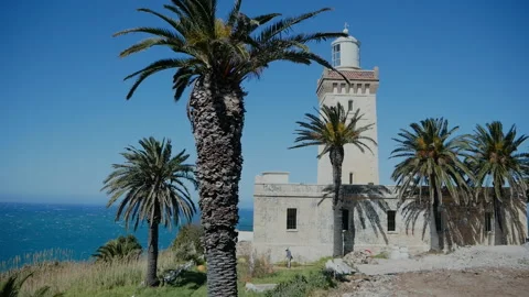 Cinematic lighthouse among palm trees in morocco Stock Footage 195082820