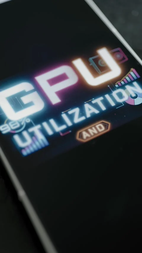 Cinematic macro view presents the luminous words GPU UTILIZATION Stock Footage 342486989