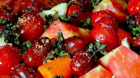 Cinematic macro zoom out on a fresh Mediterranean tomato salad. Stock Footage 324282980