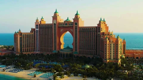Cinematic Medium Wide Aerial Tracking Shot of Atlantis The Palm Luxury Resort Stock Footage 342737431